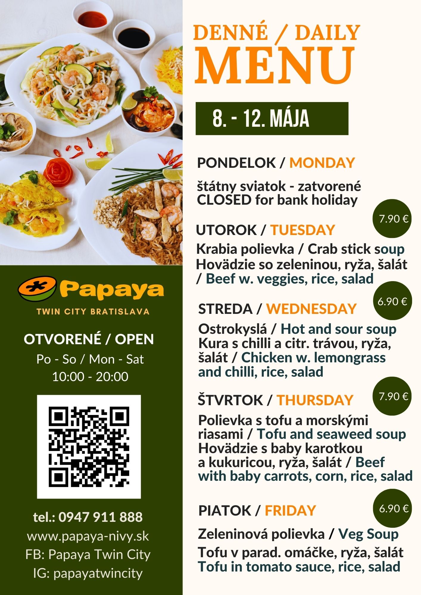 PONDELOK 8.5. Denné menu Ázijská reštaurácia Papaya Twin City Vietnamese and Thai Street